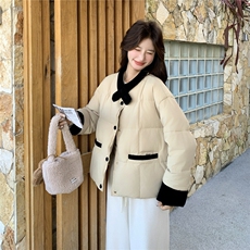 韩版撞色拼接羽绒服女短款冬季新款宽松显瘦面包服白鸭绒保暖外套，女装羽绒服，2C159