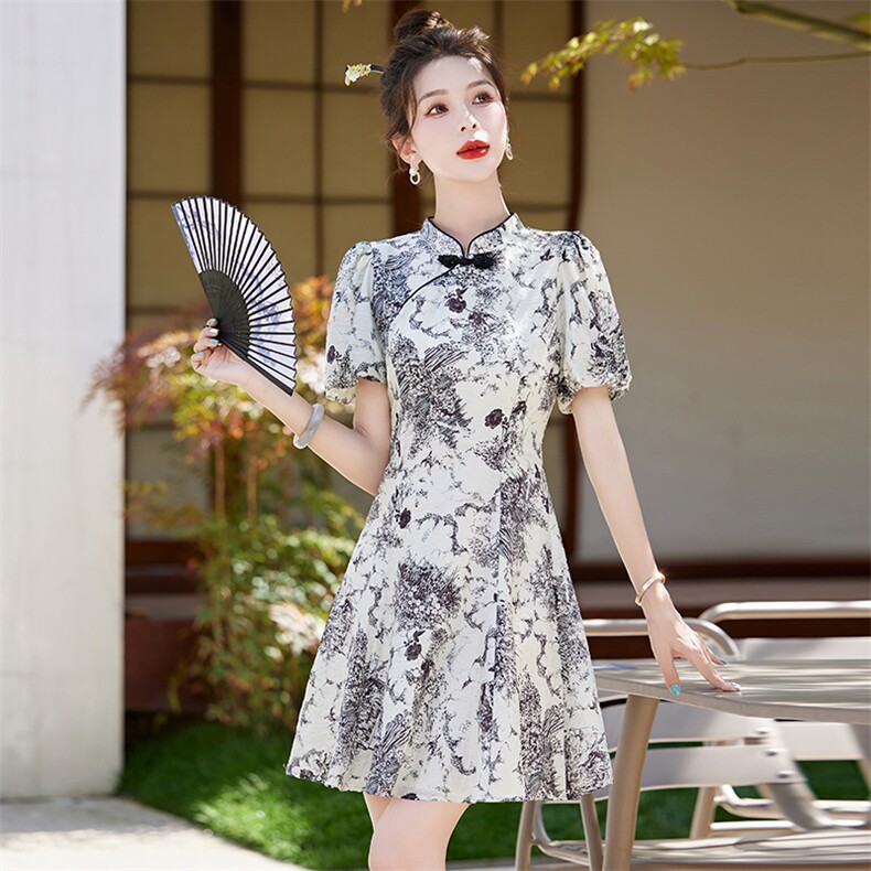 夏季新款优雅修身显瘦中式印花旗袍连衣裙,女装连衣裙,大掌柜
