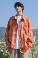 特批P33无差价2025秋季新款时尚复古橙色格子大码长袖衬衫男C5468，男装衬衫，电商A001