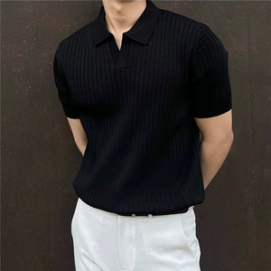 (网图）夏季条纹短袖polo衫男韩版修身翻领纯色休闲薄款T恤 P38图片