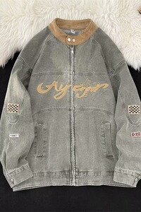 2024美式复古潮牌贴布刺绣机车风做旧工装牛仔夹克WT445-P85图片