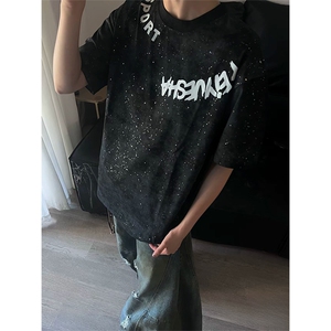 抖音得物供货240克美式复古扎染满天星亮片中性风短袖T恤AT2701