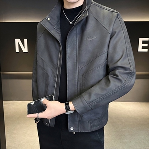 25618-M-4XL-P145店主风秋季立领男士休闲刺绣复古风皮衣夹克外套图片