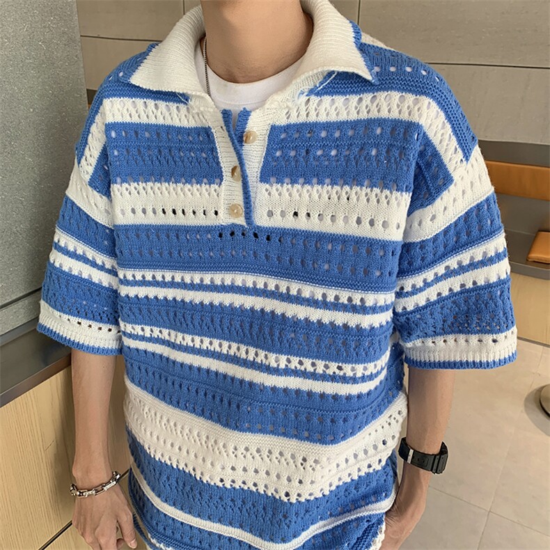 港风夏款男短袖POLO衫彩色条纹拼色镂空五分袖T恤衫T381P38,男装Polo衫,星座1013-1