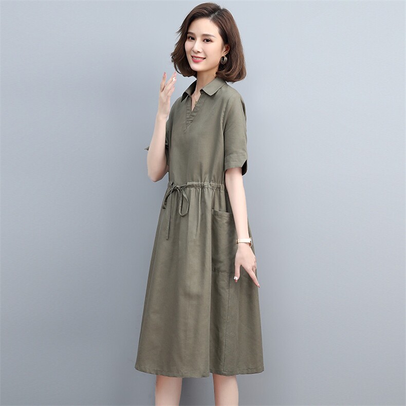 夏季棉麻中长连衣裙V领宽松显瘦系带真口袋咖啡中年妈妈大码裙子,女装连衣裙,丽影随形