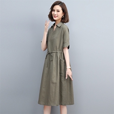 夏季棉麻中长连衣裙V领宽松显瘦系带真口袋咖啡中年妈妈大码裙子，女装连衣裙，丽影随形