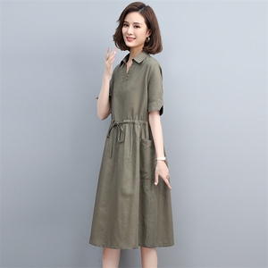 夏季棉麻中长连衣裙V领宽松显瘦系带真口袋咖啡中年妈妈大码裙子图片