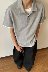 夏季新款港风日系假两件POLO领短袖T恤男ins  XZ213-TX21-P35控58图片