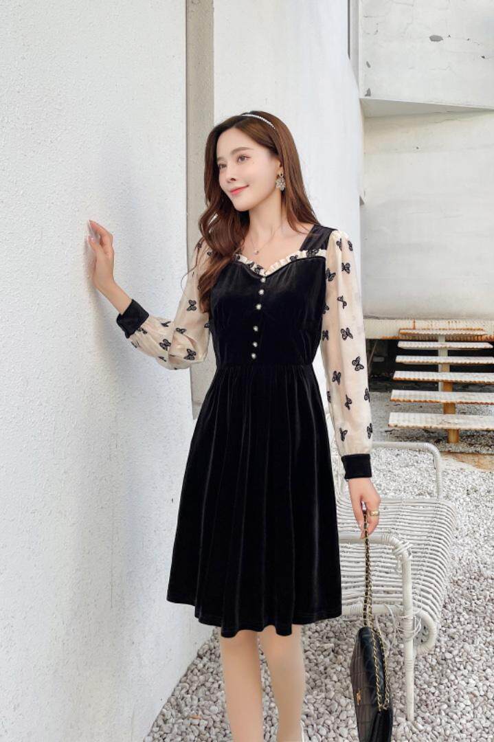 2021现货蝴蝶袖丝绒小香风连衣裙，女装连衣裙，秀水百合