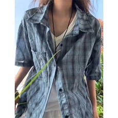 格子复古衬衫夏季格纹速干短袖男女休闲衬衣五分宽松外套C113，男装T恤，星座1116A（原606A-3）