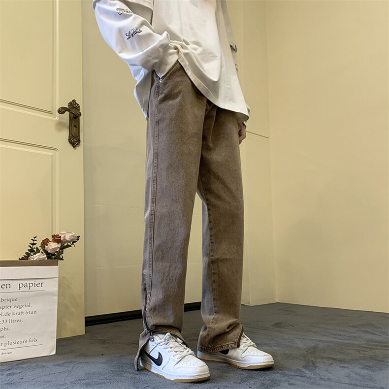 欧美vibe高街拉链裤子棕咖色牛仔裤男美式复古宽松K716P65,男装牛仔裤,电商D325