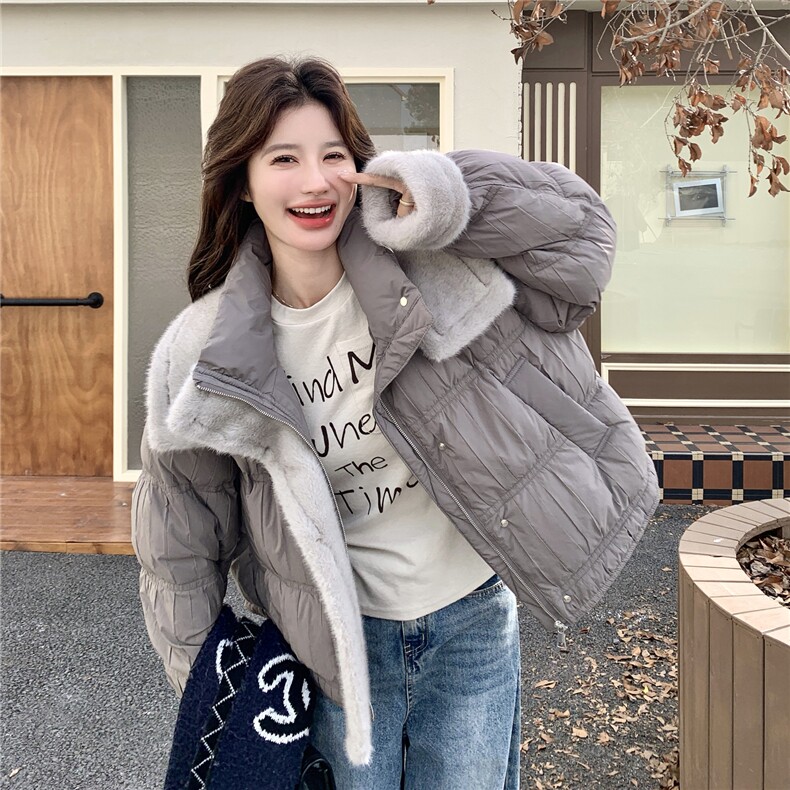 灰色短款泡芙羽绒服女2025冬季高级感毛毛拼接保暖90白鸭绒厚外套，女装羽绒服，慧尚依恋