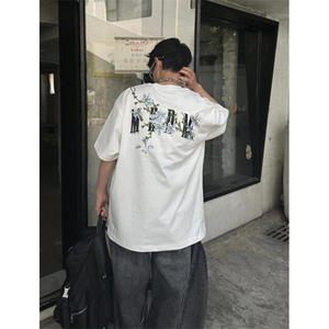潮牌嘻哈花卉美式复古重磅圆领短袖T恤男款痞帅宽松上衣 TW36图片