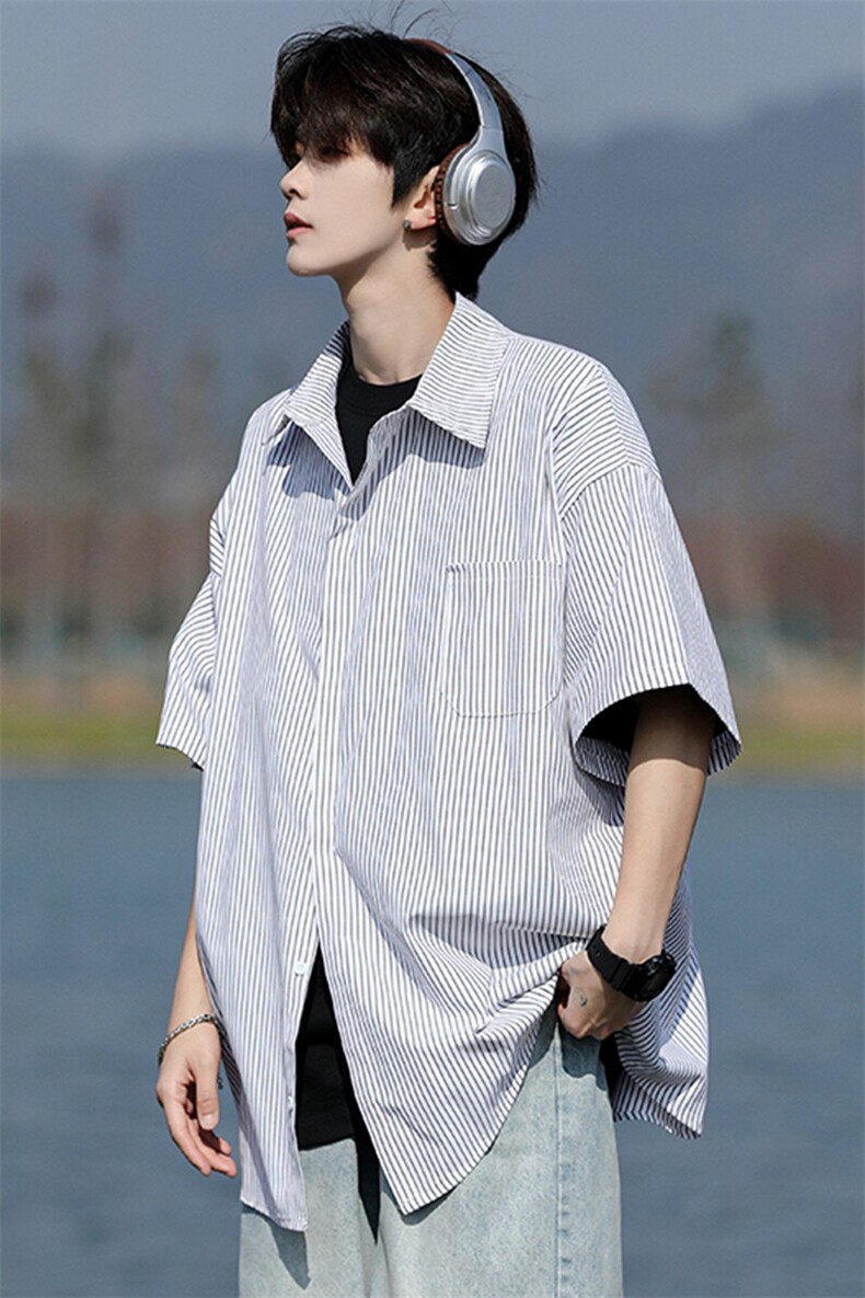 8XL-M条纹短袖衬衫男夏季宽松慵懒风痞帅大码衬衣外套DC28001P40,男装衬衫,电商B312