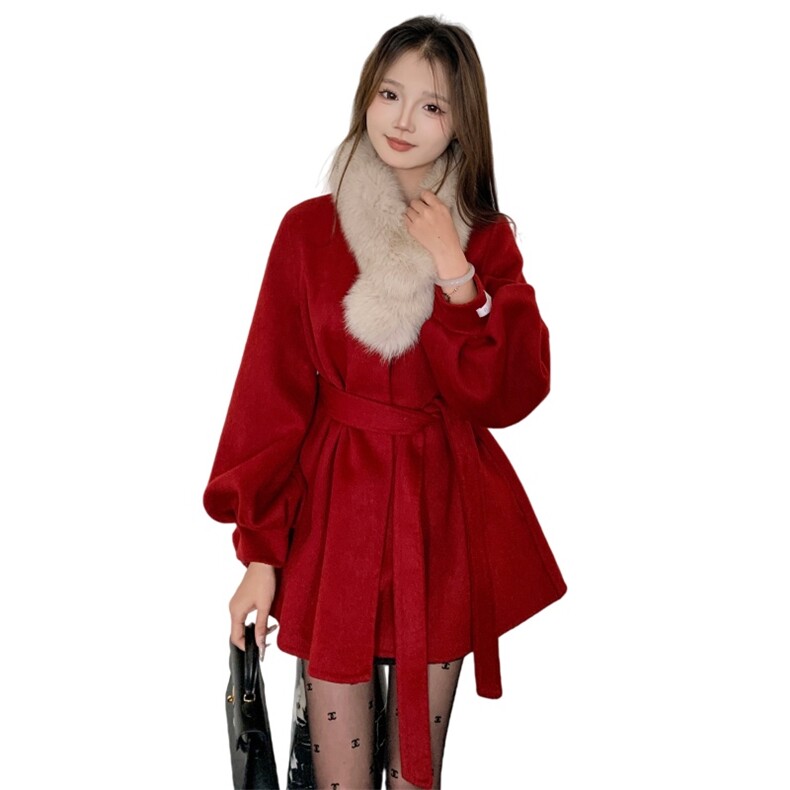 现货新款圣诞款2176-P350-K520双面羊绒大衣配围脖,女装双面呢大衣,韩然一族
