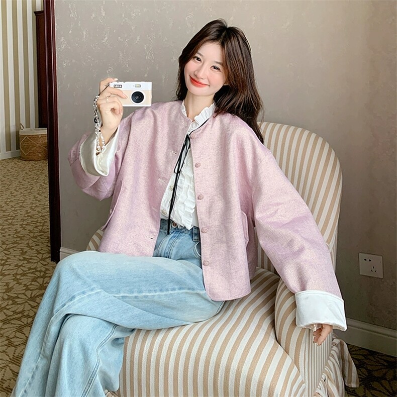 韩版百搭宽松上衣粉色短款休闲夹克外套女秋，女装短外套，郎佰婉