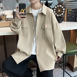 A775-P36 新款百搭华夫格外套男潮流宽松长袖衬衫日系休闲衬衣服图片
