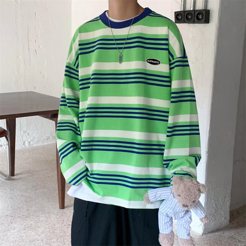 春季2025新款条纹长袖t恤男韩版潮流学生体恤港风ins宽松上衣服,男装T恤,星座1210-1
