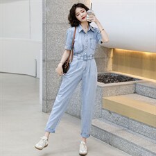 2021夏装新款时尚个性气质翻领修身显瘦牛仔连体裤，女装连体裤，奋斗女王