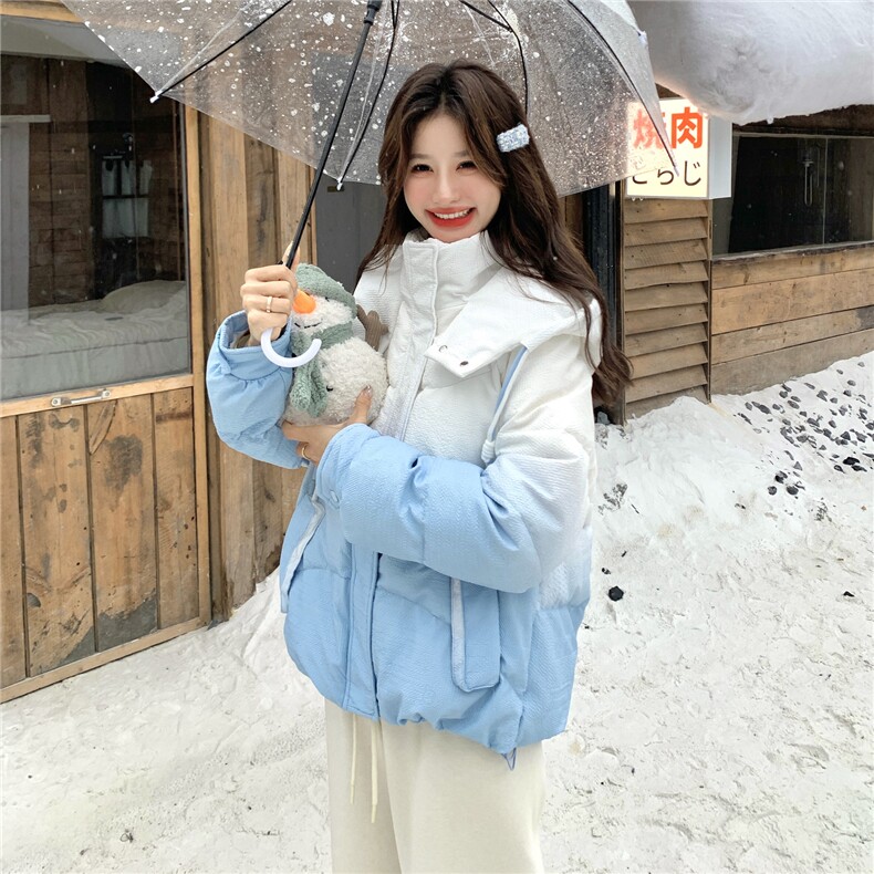 好看连帽渐变蓝色白鸭绒羽绒服女冬2025新款小个子短款学院风减龄,女装羽绒服,2C218