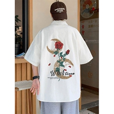 玫瑰花冰丝白色衬衫男士夏季帅气短袖五分袖衬衣外套C9283，男装T恤，星座1116A（原606A-3）