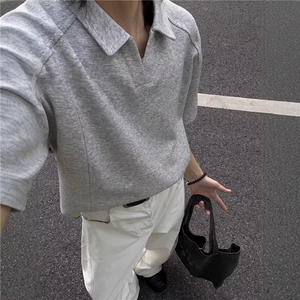 纯色翻领T恤男女秋季美式cleanfit复古设计感长袖T恤polo衫情侣装图片