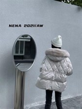 短款菱形格狐狸毛羽绒服 Size：F，女装羽绒服，里奈(1F)