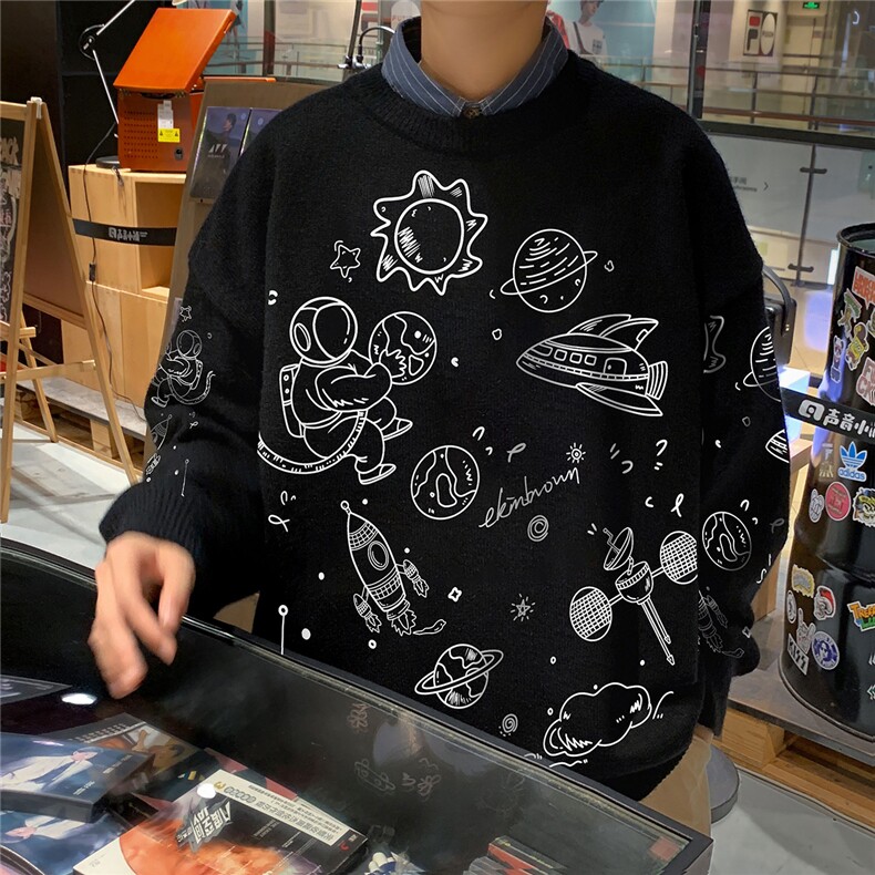 1港风新款宽松休闲中性情侣圆领潮流印花毛衣男外套7804P55加绒70图片