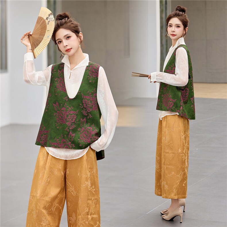 套装女2026春装新款时尚休闲气质新中式优雅复古马甲阔腿裤三件套，女装套装/套裙，天丝秀