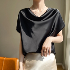 法式设计感荡领短袖t恤女宽松醋酸缎面显瘦气质高级感内搭薄背心，女装衬衫，素语电商供货