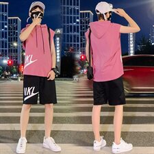 夏季情侣装青少年纯棉宽松无袖T恤连帽运动背心套装男TZ267-P60，男装背心/马甲，电商A441