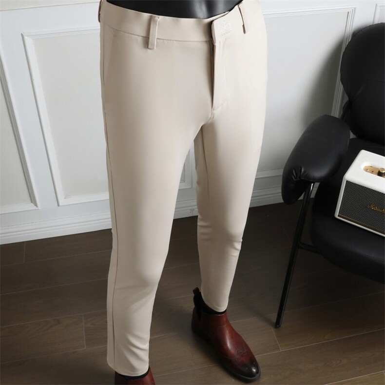 2025新款高弹力刺绣冰丝—九分裤——米杏色—P5598，男装休闲裤，电商B368