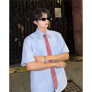 现货25领带制服感男士撞色JK制服短袖衬衫dx257-p68,男士撞色衬衫穿搭图片