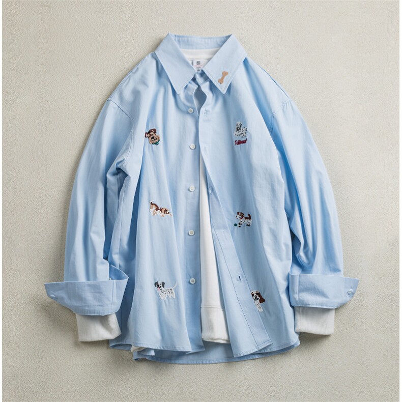 B413-1-DX6169春夏新款小狗刺绣衬衫衬衫男女宽松百搭学院风衬衣，男装衬衫，电商B413-1