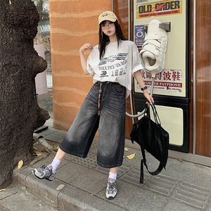 美式复古水洗做旧牛仔裤男女夏季宽松直筒七分裤阔腿裤YD703-P50图片