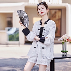 现货！2024夏装新款新中式复古印花两件套，女装套装/套裙，橙子家