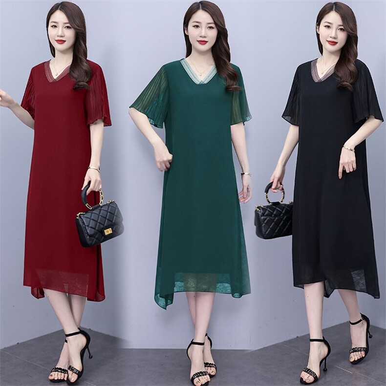 加肥加大胖MM2024新款V领中年妈妈宽松显瘦中长款雪纺连衣裙子潮，女装连衣裙，深妍伊美
