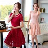 优雅蕾丝连衣裙女夏新款气质修身显瘦短袖A字裙甜美淑女裙子，女装连衣裙，贵人树