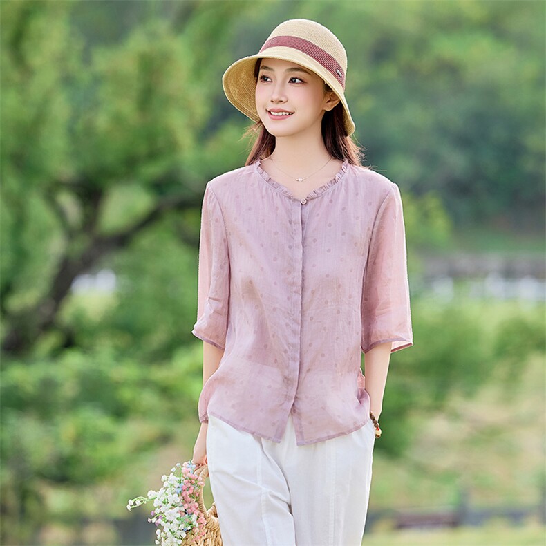 2026年夏季文艺风女短袖宽松亲肤透气薄常规苎麻,女装衬衫,江南依恋