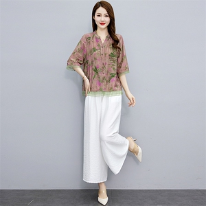 天丝气质套装女2025年夏季遮肚显瘦休闲减龄洋气妈妈装阔腿两件套图片