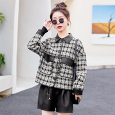 小个子毛呢女2025春秋新款复古法式高级感减龄pu皮短裤，女装短外套，丽美静依