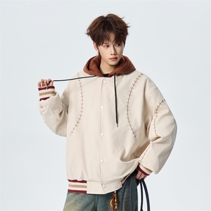 宽松复古明线刺绣连帽假两件棒球服春季百搭夹克XZ309 JK8006 P95图片