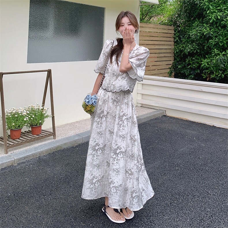 2024年夏季民族风水墨竹叶画竹节麻泡泡袖，女装套装/套裙，诺蝶