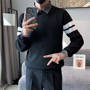 假两件毛衣男潮衬衫领内搭打底衫秋冬季男士修身翻领针织衫 S583图片