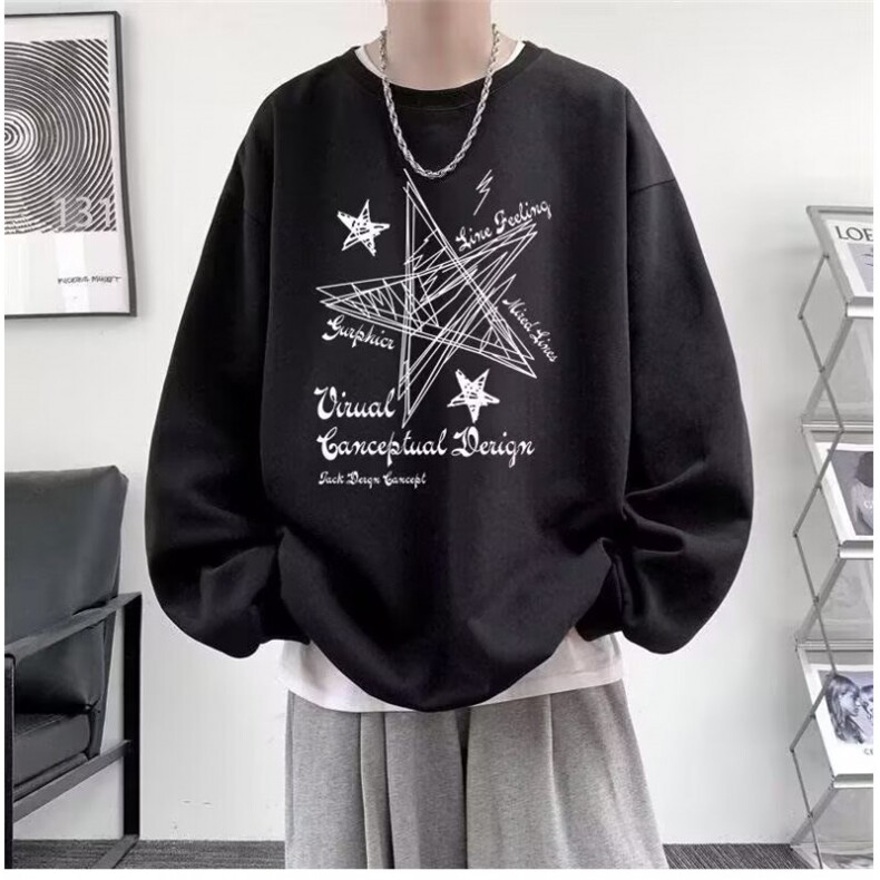 黑色薄款圆领卫衣男春秋新款青少年宽松印花卡通学生百搭休闲外套,女装短外套,星座506A
