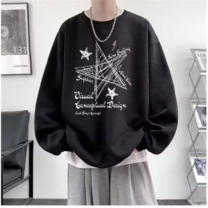 黑色薄款圆领卫衣男春秋新款青少年宽松印花卡通学生百搭休闲外套图片
