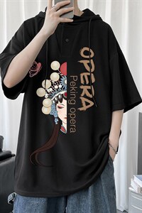 LD54161-P45 京剧脸谱连帽短袖t恤男大码胖子带帽五分袖中袖图片