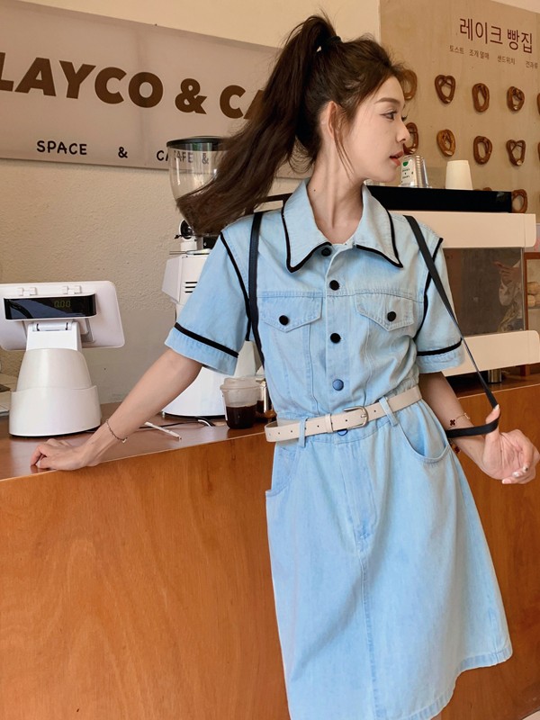 复古牛仔连衣裙女2025夏季新款韩系气质时尚收腰显瘦超好看工装裙,女装连衣裙,浙宝128A