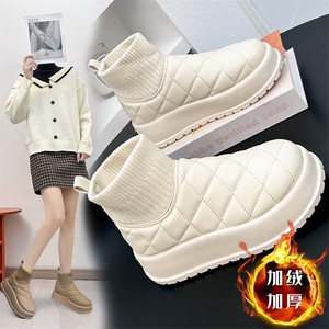 X4678-100雪地靴女2025新款冬季短筒保暖加绒针织口高帮厚底棉鞋图片