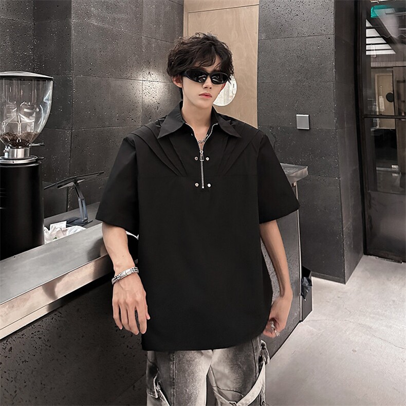 垫肩解构设计褶皱夏季小众短袖衬衫痞帅金属感T恤901P45,男装T恤,电商A458A